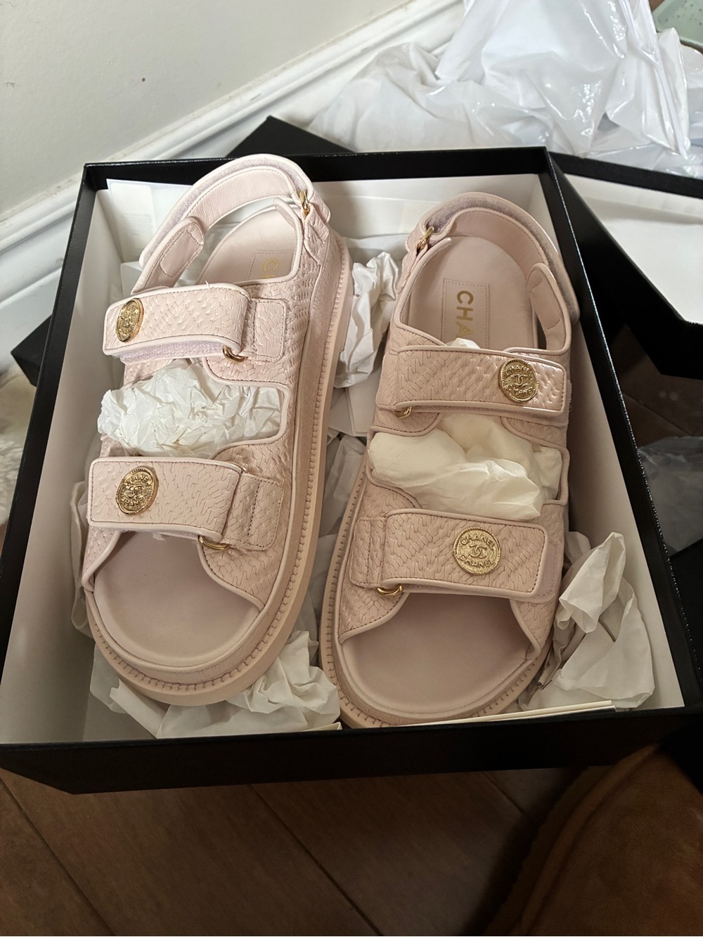 CHANEL Light Pink Quilted Two-Strap Sandals with Gold Logos